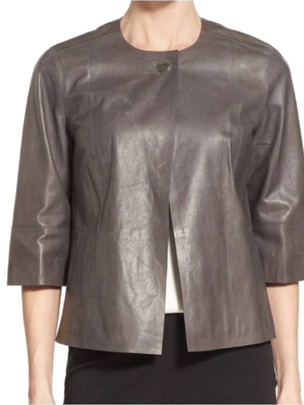 Lafayette 148 New York Grey Collarless Leather Jacket